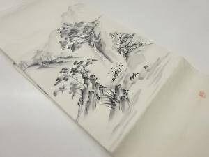 作家物　塩瀬手描き古民家に草木風景模様名古屋帯